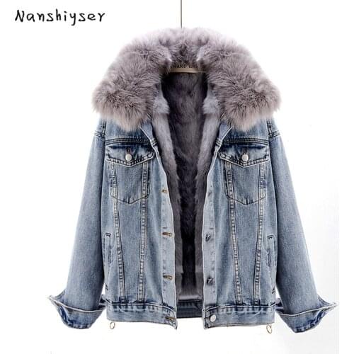 High Quality Removable Fox Fur Collar Thicken Warm Rabbit Fur Liner Denim Jacket Winter Cotton-Padded Coats Women Parka Outwear