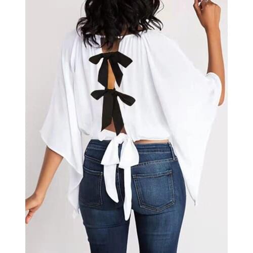 Batwing Sleeve Loose Tee Shirt Casual Long Sleeve T Shirt 2021Vintage White T Shirt Women Back Tie Bandage Top Summer Autumn Bat