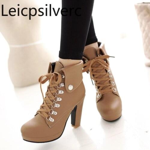 Womens Boots winter The New fashion Round head Lace-up Metal Decoration Thick heel High heel Womens shoes plus size 33-43