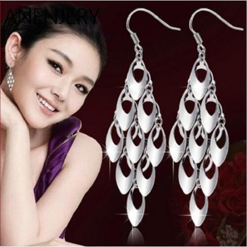 ANENJERY 925 Sterling Silver Peacock Tail Long Tassel Dangle Earrings For Women oorbellen S-E169
