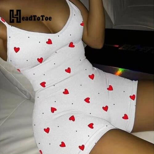 Heart Cartoon Print Sexy Romper Woman Spaghetti Strap V Neck Skinny Straight Playsuit Women