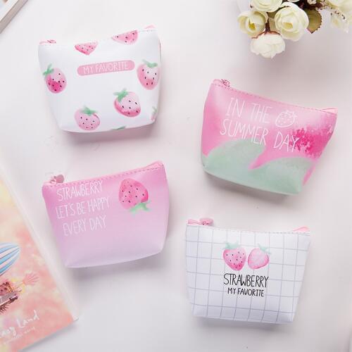 BILLTERA sweet strawberry leather coin purse women pink pu short wallet for girls cute coins storage key cards bag pouch
