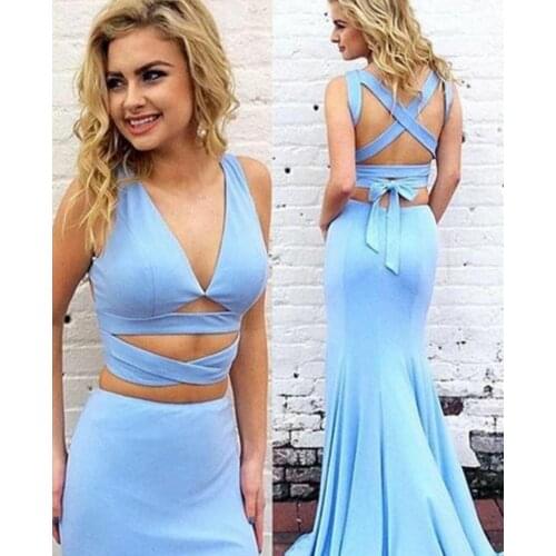 Sexy Long V-Neck Blue Evening Dresses Mermaid Criss Cross Back Satin Pleated Abendkleid Robes de Soirée for Women