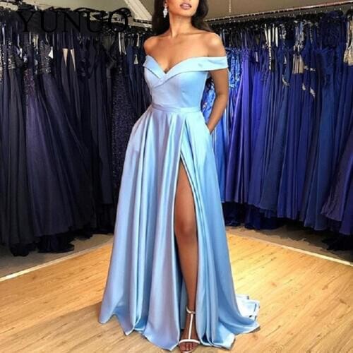 YuNuo Simple Design 2019 Evening Dress Off the Shoulder High Slit Floor Length A Line Long Formal Special Occasion Prom Gown