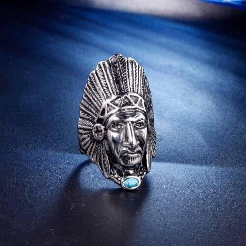 2021 Incredible Hot Sale Indians Face Wide Surface Large Matching Rings Men Male Blue CZ Stones Stainless Steel Jewelry Present