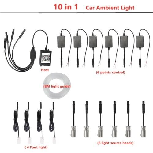 8M RGB LED Atmosphere Car Light Interior Decoration Fiber Optic Strip Lights By App Control 10 in 1 Decorative Ambient Lamp 12V