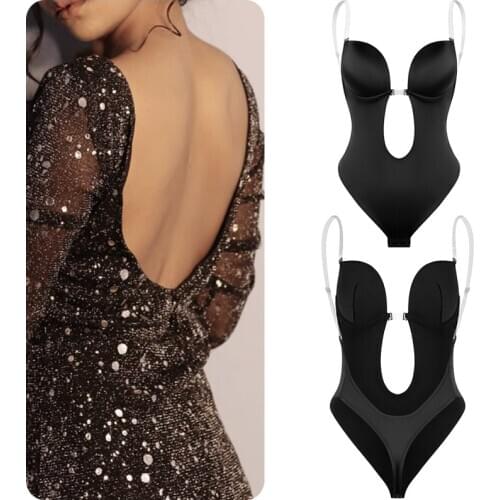 Bodysuit Shapewear Backless Body Shaper Deep V-Neck U Plunge Thong Shaper Waist Trainer Women Clear Strap Padded Push Up Corset