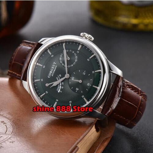 Corgeut 40mm New Mens Top Mechanical Watch stainless silvery Case Green dial Date Leather Strap Power Reserve Automatic Watch