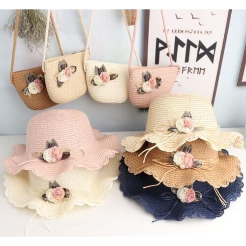 Children Girl Fashion Straw Hat Cute Sweet Flowers Breathable Sunscreen Beach Sun Hat With Shoulder Bag Set Girls 2-7 Year