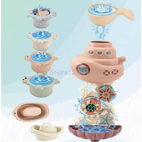 Baby Bath Toys Waterwheel Bathing Toys Colorful Early Educational Intelligence Gift Boat-shaped Stacked Cup Folding Tower Toys