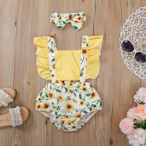 0-24M Newborn Baby Girls Clothes Set, Sweet Style Infant Summer Sunflower Printing Flouncing Lace Up Romper + Headwear