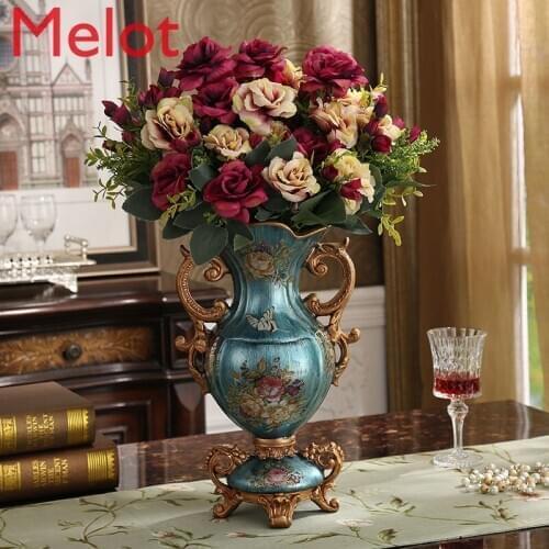 European Luxury Palace Resin Vase Ornament Home Desktop Figurines Crafts Decoration Wedding Gift American Retro Silk Flower Pot
