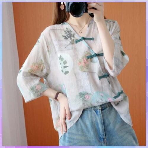 V-neck Oversized Cotton Linen T-shirt Womens Tee Shirt Plus Size Retro Floral Tshirt Femme Irregular Tops футболка оверсайз