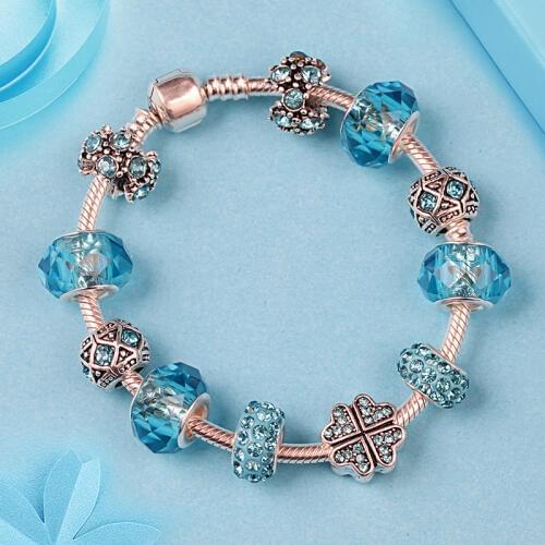 Euroean & American Classic Blue Flower Crystal Diy Bead Bracelets & Bangles Diy Tibetan Silver Bead Bracelet Fashion Jewelry