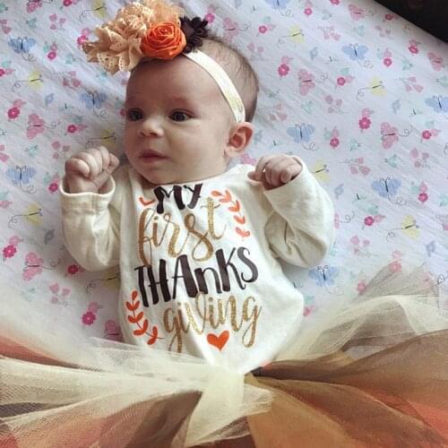 Thanksgiving Newoborn Baby Girls Two-piece Lovely Clothes Set Kids White Long Sleeve Romper and Multicolor Bubble Mesh Skirt