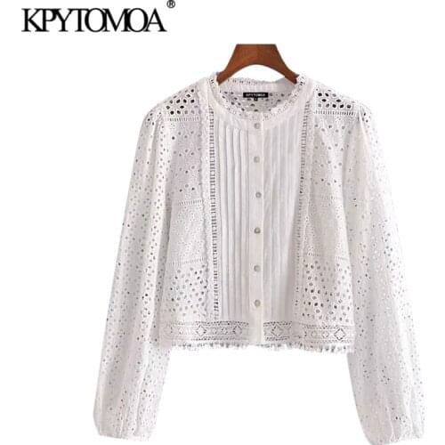 KPYTOMOA Women 2021 Fashion Hollow Out Embroidery Cropped Blouses Vintage Long Sleeve Button-up Female Shirts Chic Tops