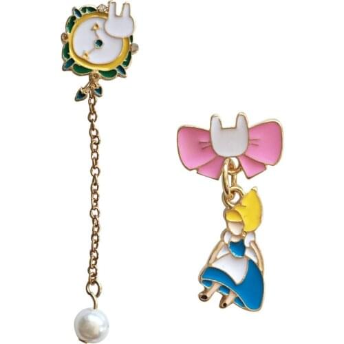 Fashion Asymmetric Fairy Tale Dream Princess Ear Clips Bow Shape Alice In Wonderland Series Watch Clock Bow Clip on earrings