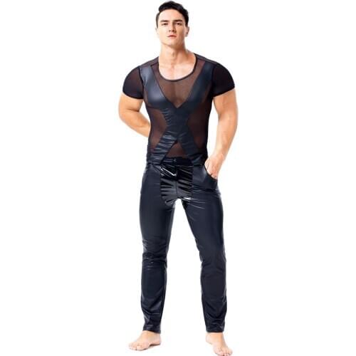 Men Sexy Black Latex Faux Leathe PVC Stage Pants Fetish Faux Leather Pencil Pants Skinny Latex Leggings Erotic Gay Wear