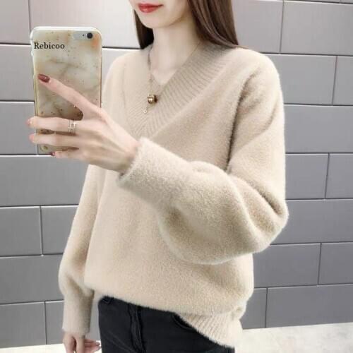 Autumn winter V-neck mink velvet sweater womens pullover Korean version loose outer wear thick knitted top bottoming shirt