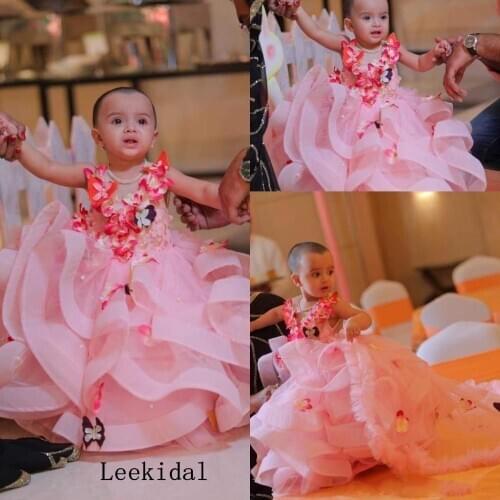 Pink Organza Ball Gown Flower Girl Dresses 3D Butterfly Floral Appliques Tiered Ruffles Pageant Gowns Girls Birthday Party Dress