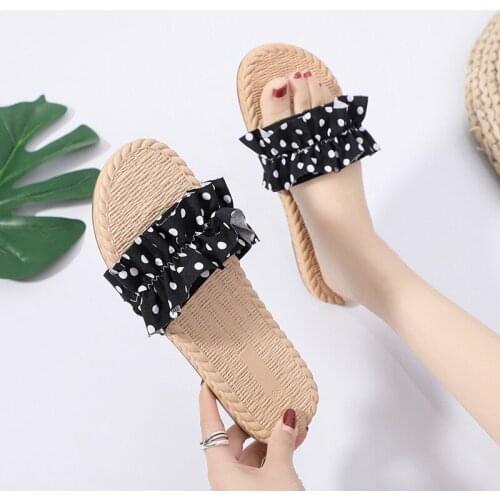 2021 Canvas Small Dots Folds designer Summer Slippers Shoes Women Slip on Flat Flip Flops Outdoor Slides Light Beach Sandals