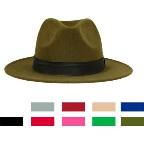 Vintage Unisex Wool Jazz Hats Large Brim Felt Cloche Cowboy Panama Fedora Hat for Women MenTrilby Derby Fedoras