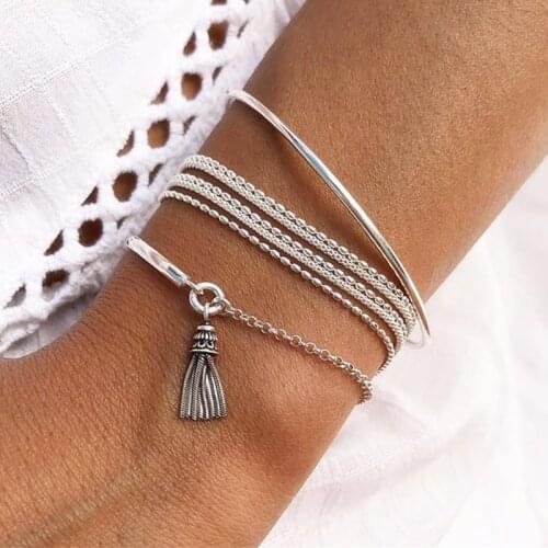 3 Pcs/Set Vintage Silver Color Tassel Round Bracelet Bohemian Multilayer Chain Bracelets For Women Geometric Open Bangle Jewelry