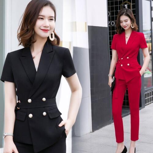 Professional suit female summer short-sleeved 2019 new lacing fashion temperament red suit ladies Formal cosmetologist overalls