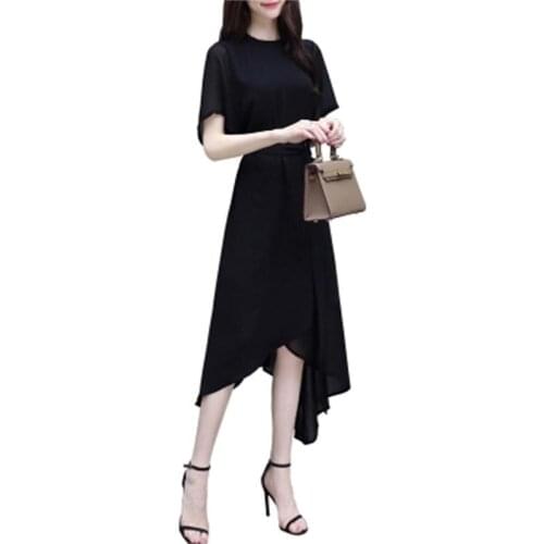 Dress Women Summer womens New Slim short-sleeved irregular temperament ladies black chiffon dress female