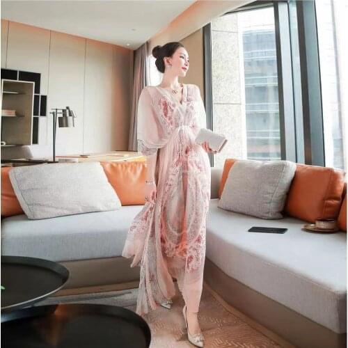 IVY HE Holiday Loose Dress Women Elegant Design Shell Printed Double V Collar Half Batwing Sleeves High Waist Dresses Ladies