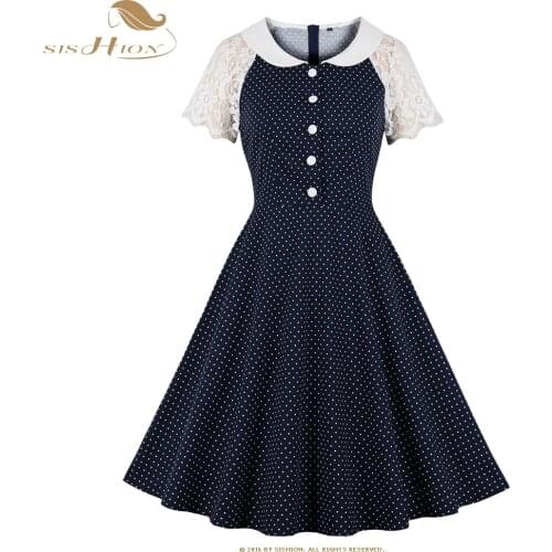 SISHION Peter Pan Collar Lace Women Polk Dot Print Dress SP1454 Patchwork Short Sleeve With Button Retro Tunic Party Dress