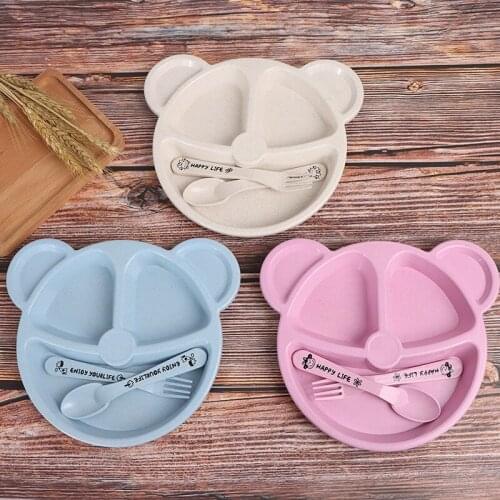 Wheat Straw Tableware Cartoon Bear Children Dishes Kids Dinner Plate Baby Plate Fork Spoon Baby Eating Dinnerware Set