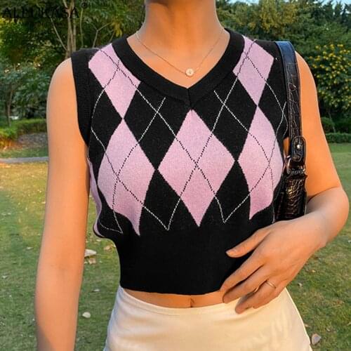 Allukasa Vintage Argyle Sweater Vest Womens V Neck Sleeveless Tank Tops Plaid Knitted Crop Casual Pullover Sweaters Preppy Style