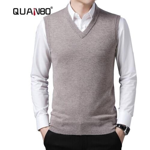 QUANBO Mens V-Neck Sweater Vest Cashmere Wool Blend Relax Fit Knit Sleeveless Pullover Top Quality Smart Casual Tops