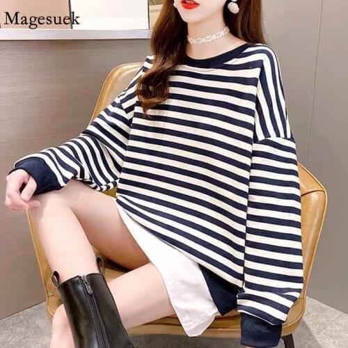 Autumn Fashion Loose Pullover Blouses Cotton Casual Sweatshirts Plus Size Long Sleeve Striped Women Mid-length Sweatshirts 11759