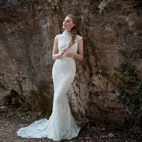 African Wedding Dress 2021 Cap Sleeve High Neck Mermaid Applique Lace Bridal Gowns Sweep Train Vestidos De Fiesta