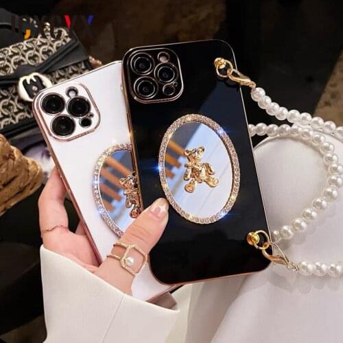 Luxury Plating bear Mirror Pearl Silicone Phone Chain Case For iPhone 12 11 Pro X XS Max XR 8 7 Plus SE 2020 Soft Back Cover