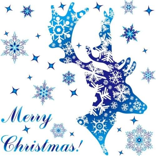 Merry Christmas Wall Stickers 2022 Happy New Year Glass Window Sticker Blue Deer Snowflower Shop Home Window Decorations