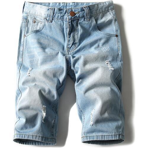 Summer mens hole denim shorts, solid color straight tube loose trend large size mens breeches casual pants 28-42