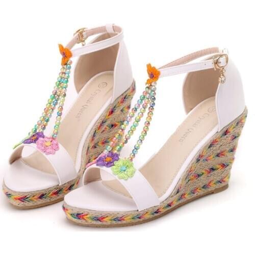 Womens sandals 9 cm colorful flowers fish mouth wedge sandals fashion rainbow lace beaded platform sandals womens shoes