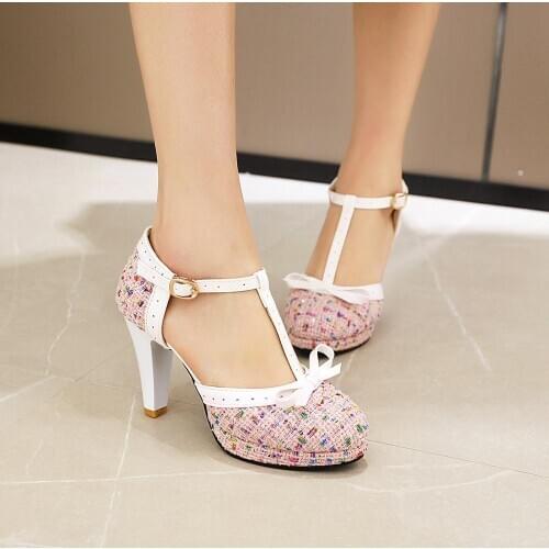 2019 New comfy Mary Jane High Heel Shoes Fashion Round Toe Buckle Shoes Women Cute Bow Knot Square Heel Pumps Black Pink Beige