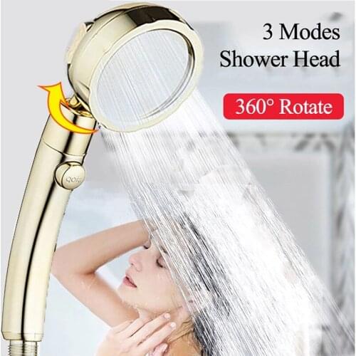 360 Degree Rotating retro golden Shower High Pressure 3 Modes Adjustment with stop button saving water shower Head