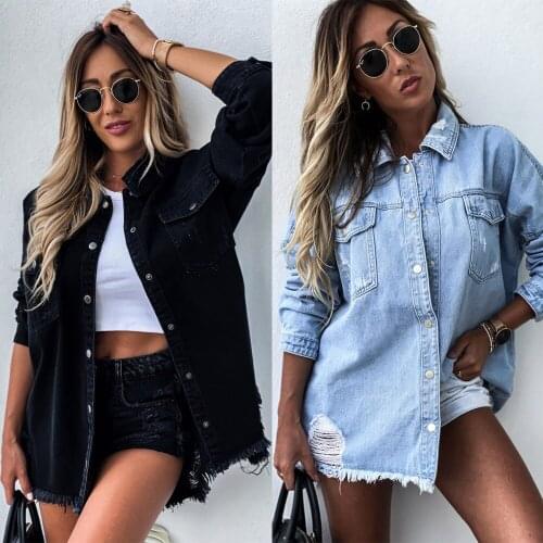 Women Denim Jackets Blue Jean Jacket Denim Jacket Women Hole New Fashion Denim Blue Long Coat