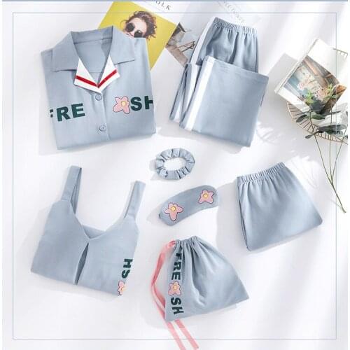 Spring 7 Pieces 100% Cotton Pajamas For Women Cartoon Pattern Turn-down Collar Sleepwear Sets Loose Leisure Autumn Home Clothes
