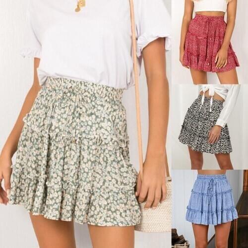 Summer Beach Women Bohemian Flower Print Ruffled High Waist A Line Mini Skirt Printed Beach A Short Mini Skirts 2019