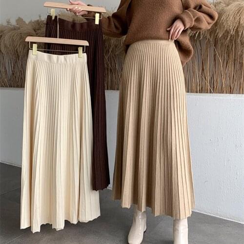 2021 New Thicken Womens Knitted A-line Skirts Elegant Autumn Winter Solid Color High Waist Warm Umbrella Long Skirts Female