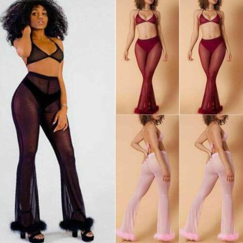 Women Ladies Sexy High Waist See Through Long Pants Wide Leg Mesh Sheer Summer Beach Long Pants Trousers Bikini Cover Ups
