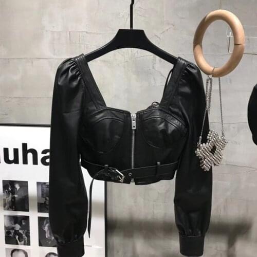 Ladies' Sexy Leather Jacket Open Collar Womens Real Lambskin Top