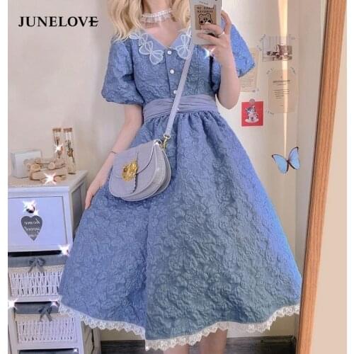 JuneLove Elegant Blue Fairy Dress Kawali Vintage Princess Sweet Lolita Revolve Dress Casual Puff Sleeve Pretty Dress 2021 Summer