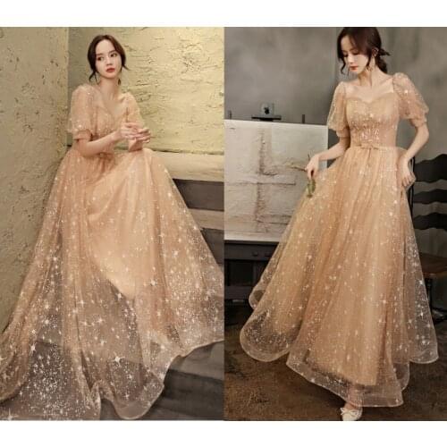New Bling Prom Dress 2021 Champagne Elegant Short Puffy Sleeves Sequin Evening Party Gown Robe De Soirée De Mariage